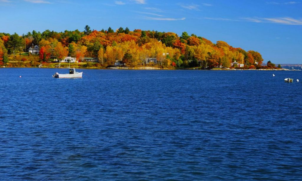 Boat in water with autumn foliage